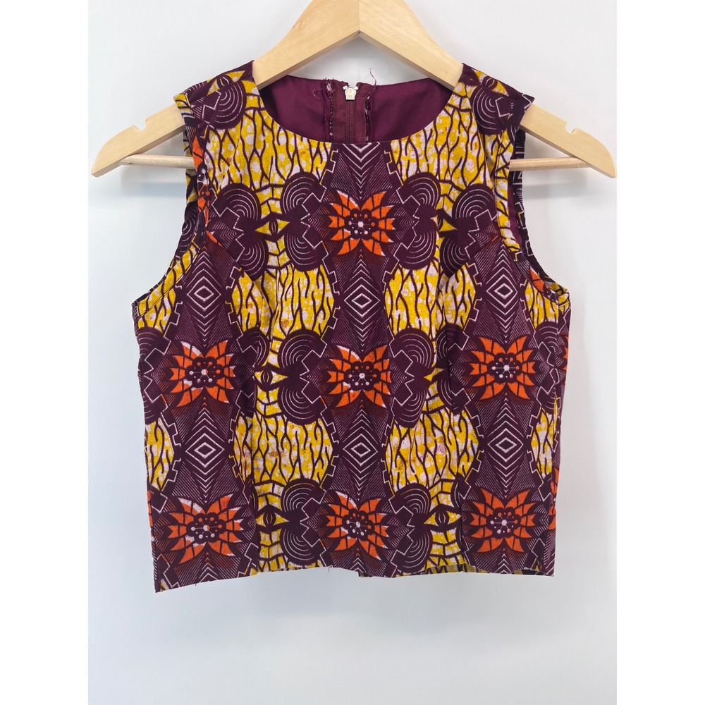 African Wax Print Sleeveless Crop Top Purple Yellow Geometric Floral Tank